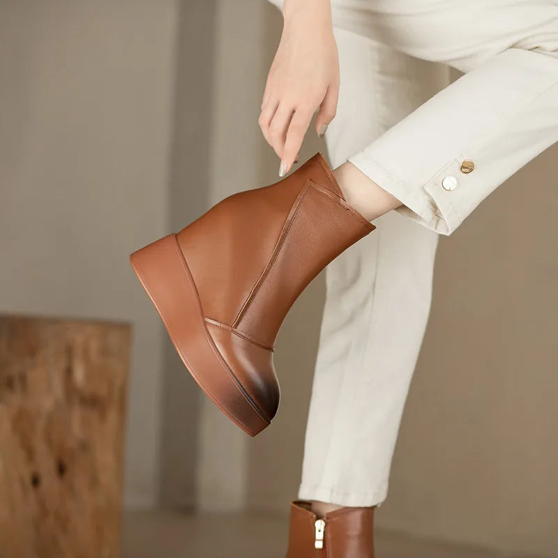 MKKHOU Genuine Leather Pointed Toe Wedge Boots