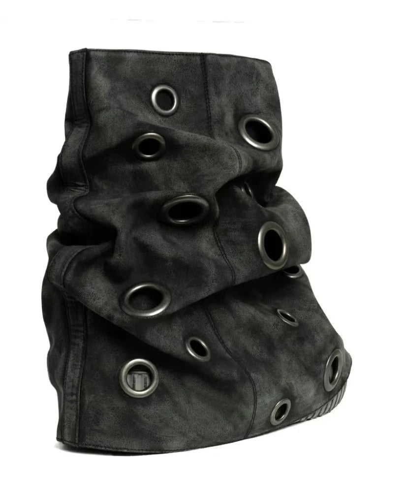 Roman Style Mid-Calf Boots – Thick Bottom, Metal Hole Detail, Slip-On Comfort