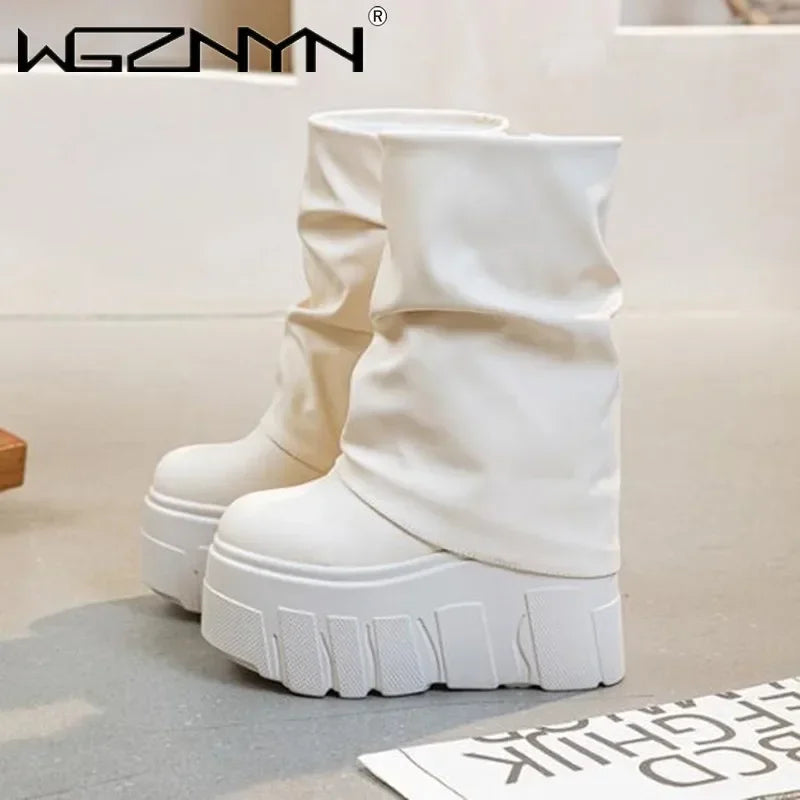 Calf Ankle Booties – PU Leather Motorcycle Boots with Platform, Winter 2025