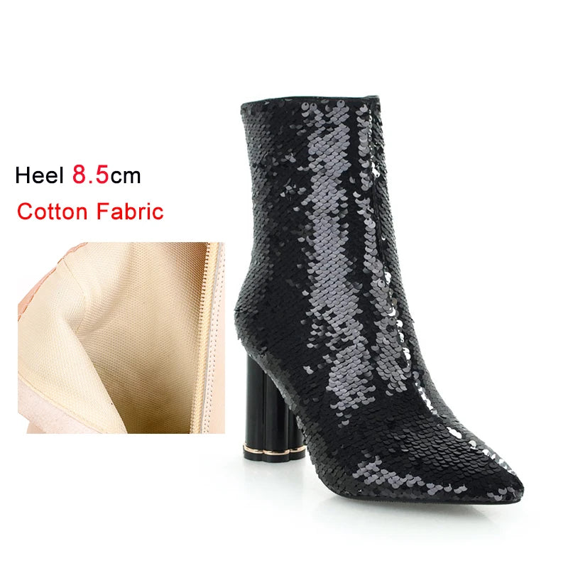 Sequined Short Boots – Women’s Bling Chunk Heel Pointed Toe Ankle Booties