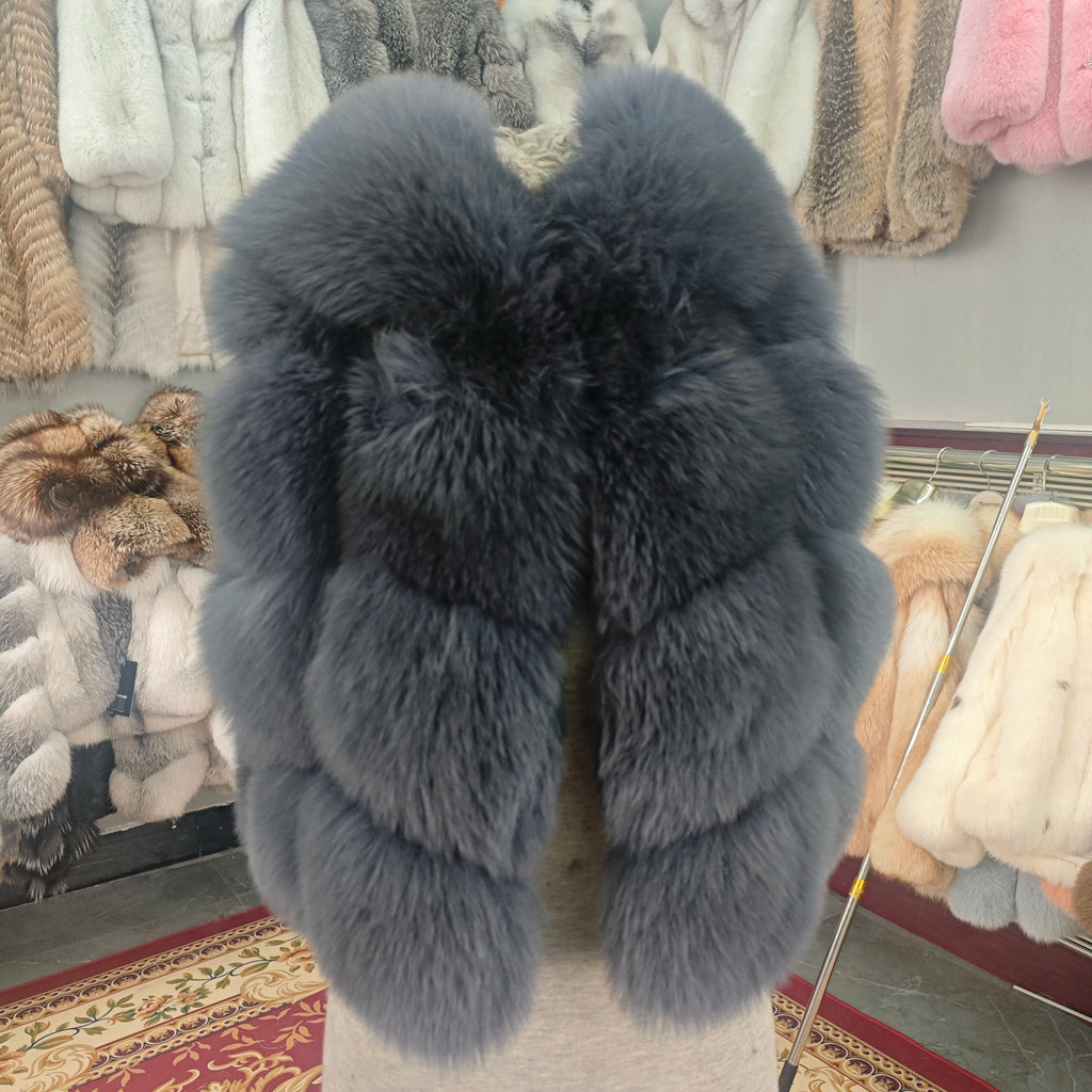 Real Silver Fox Fur Vest – Hooded Genuine Leather Sleeveless Jacket for Women