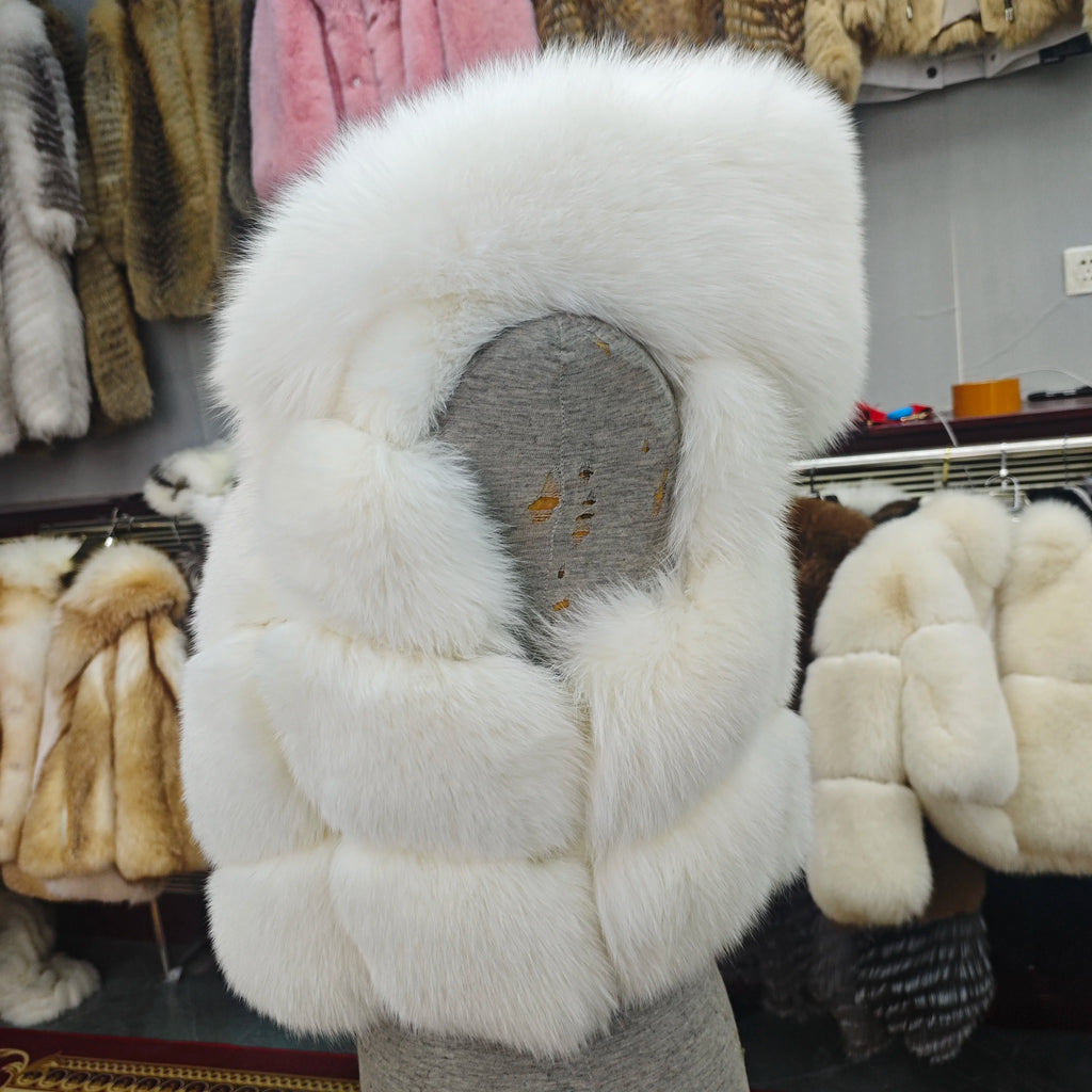 Real Silver Fox Fur Vest – Hooded Genuine Leather Sleeveless Jacket for Women
