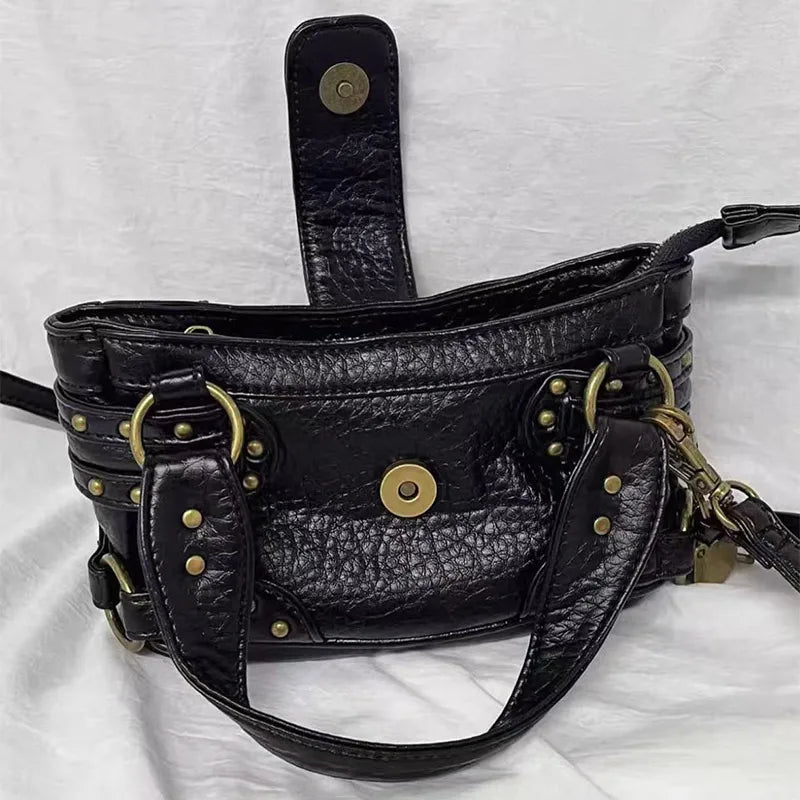 Y2K Motorcycle Handbag – Retro Leopard Print Distressed PU Leather Bag for Women