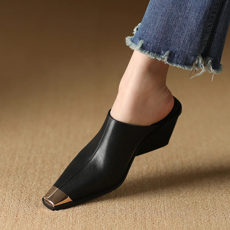 HOLY JASMINE Women’s Genuine Leather Metal-Head Mules – Summer Medium Wedge Heels