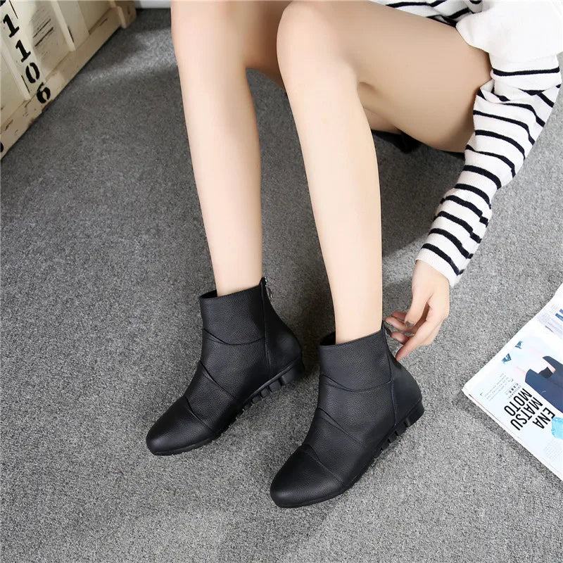 WOIZGIC Women’s Genuine Leather Platform Ankle Boots Zipper Warm Plush Autumn Winter