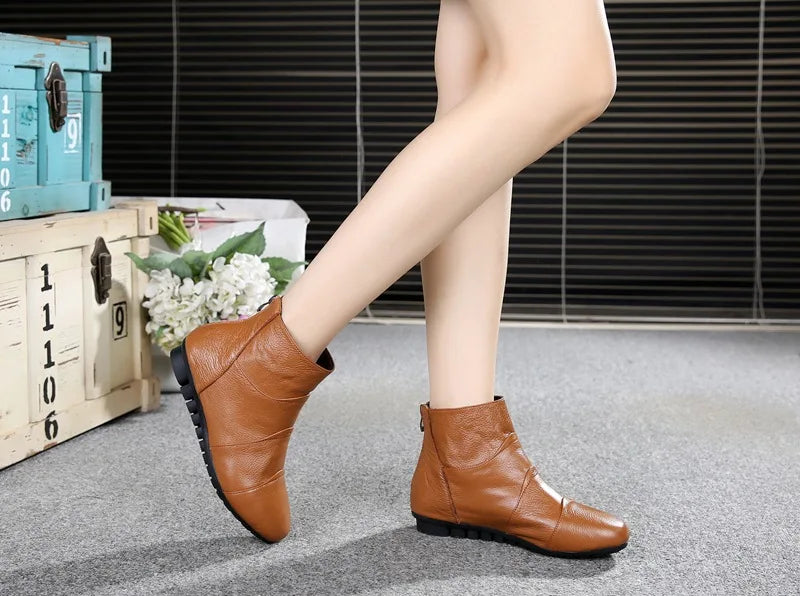 WOIZGIC Women’s Genuine Leather Platform Ankle Boots Zipper Warm Plush Autumn Winter