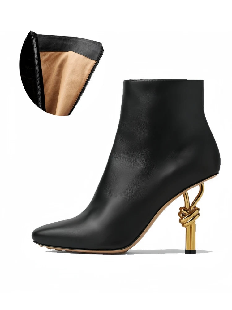 Thermal Square Toe Ankle Boots – Metal Knot Heel Stiletto Boots for Women