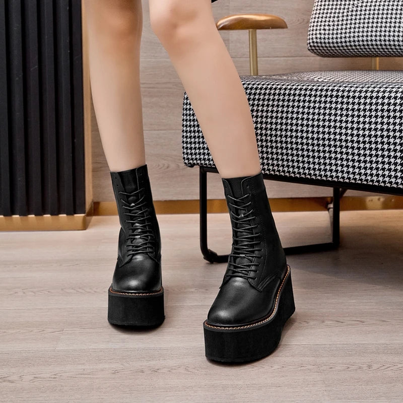 Women’s Genuine Leather Ankle Boots – Retro Lace-Up High-Heel Platform Short Boots