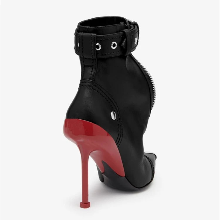 Pointed Ankle Boots – Belt Buckle & Front Zipper,