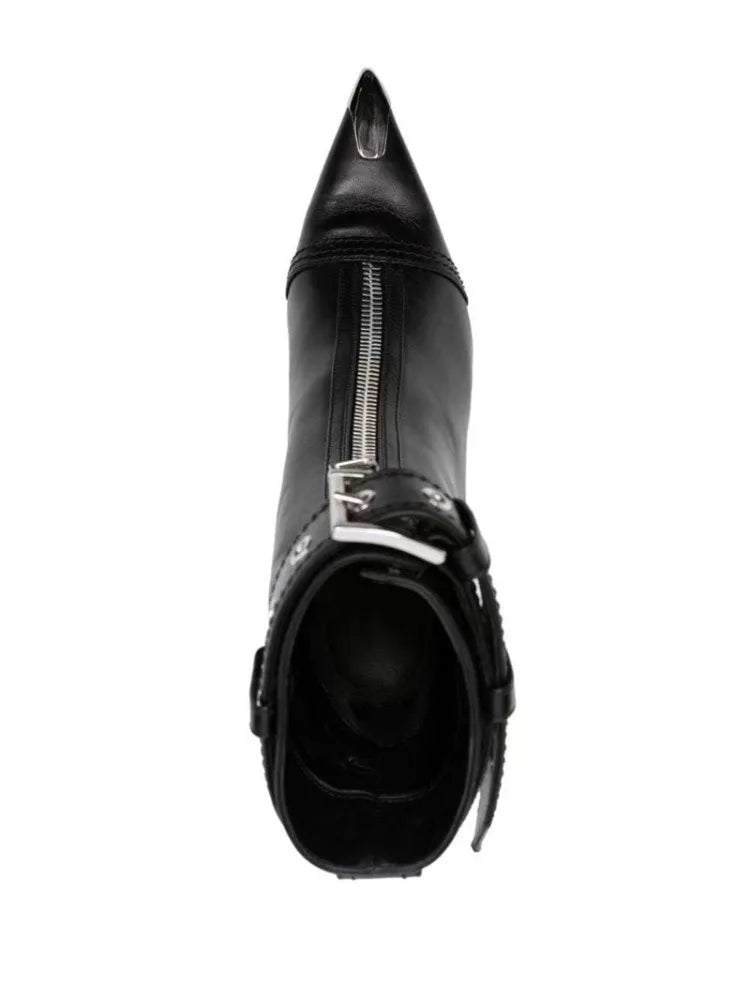 Pointed Ankle Boots – Belt Buckle & Front Zipper,