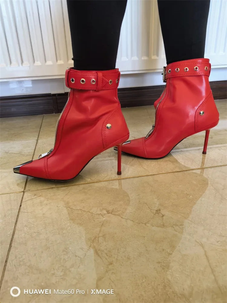 Pointed Ankle Boots – Belt Buckle & Front Zipper,