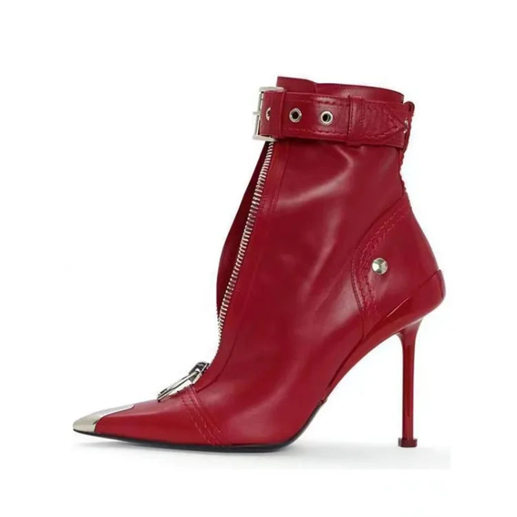 Pointed Ankle Boots – Belt Buckle & Front Zipper,