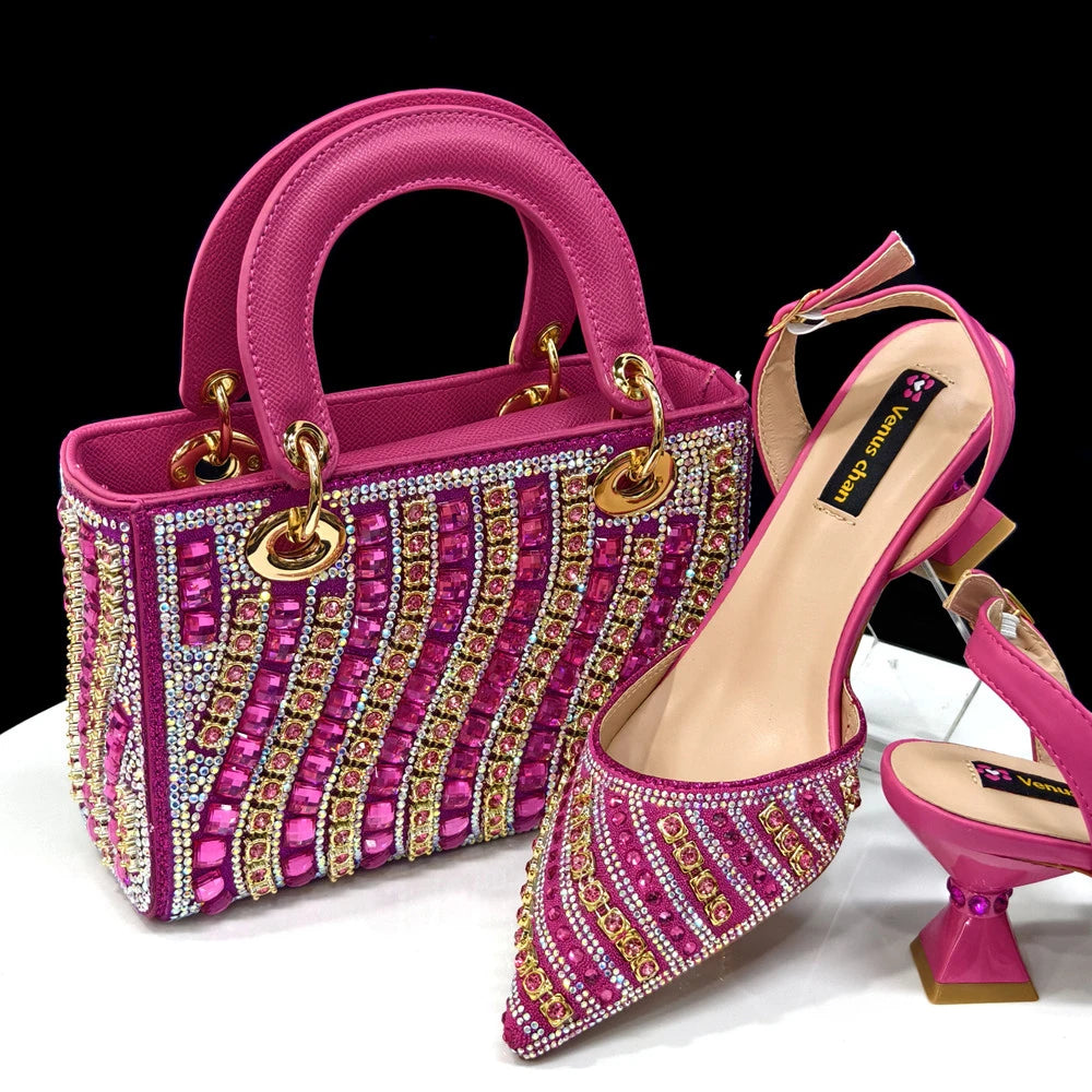 Fuchsia Rhinestone Heels & Handbag Set – Shiny Italian Party Style
