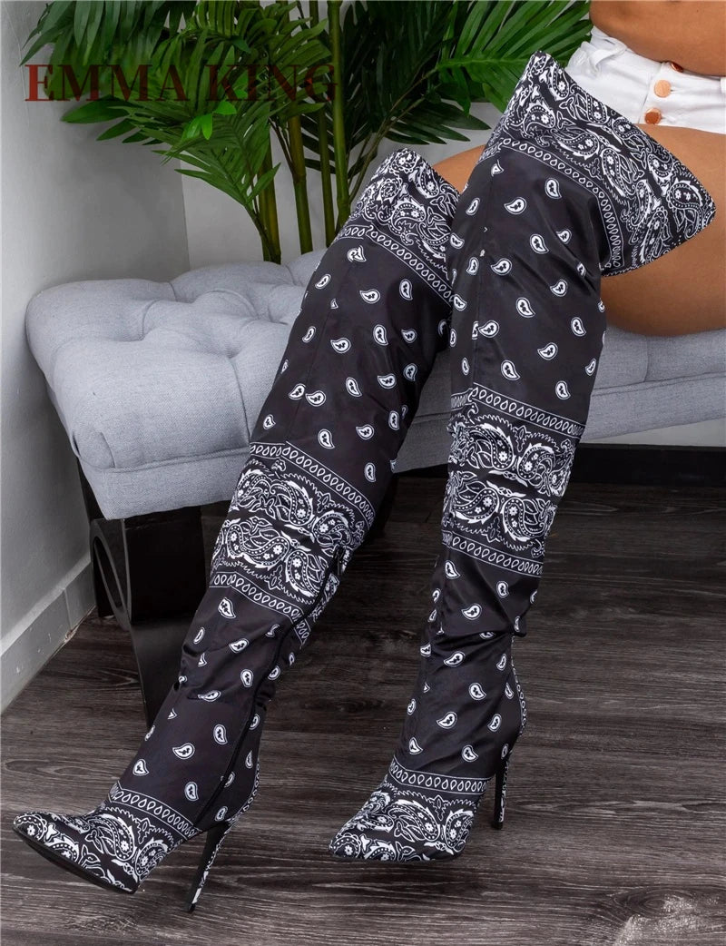 Thigh-High Bandana Print Boots – Sexy Pointed Toe Stiletto Heels