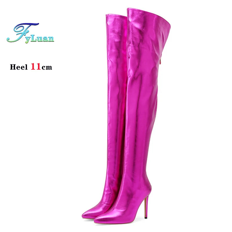 Fyluan Women’s Shiny Gold Over-the-Knee Boots – 11cm High Heels, Pointed Toe