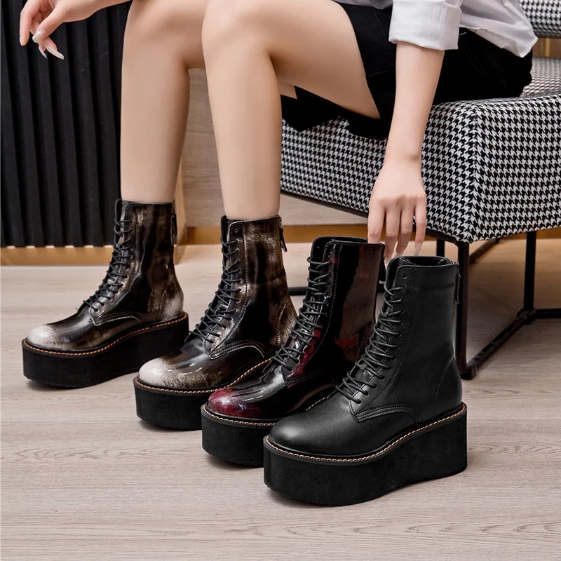 Women’s Genuine Leather Ankle Boots – Retro Lace-Up High-Heel Platform Short Boots