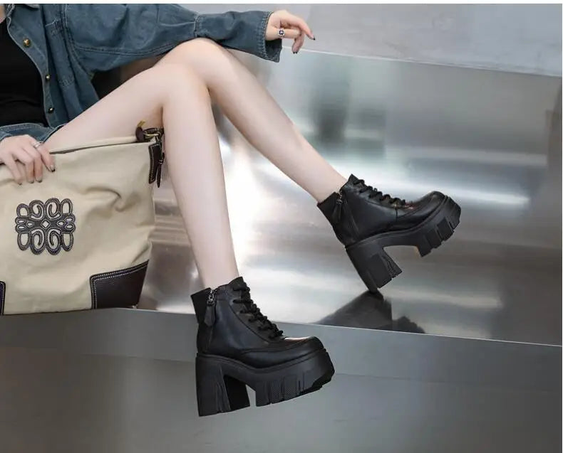 TuoYAO Genuine Leather Platform Ankle Boots