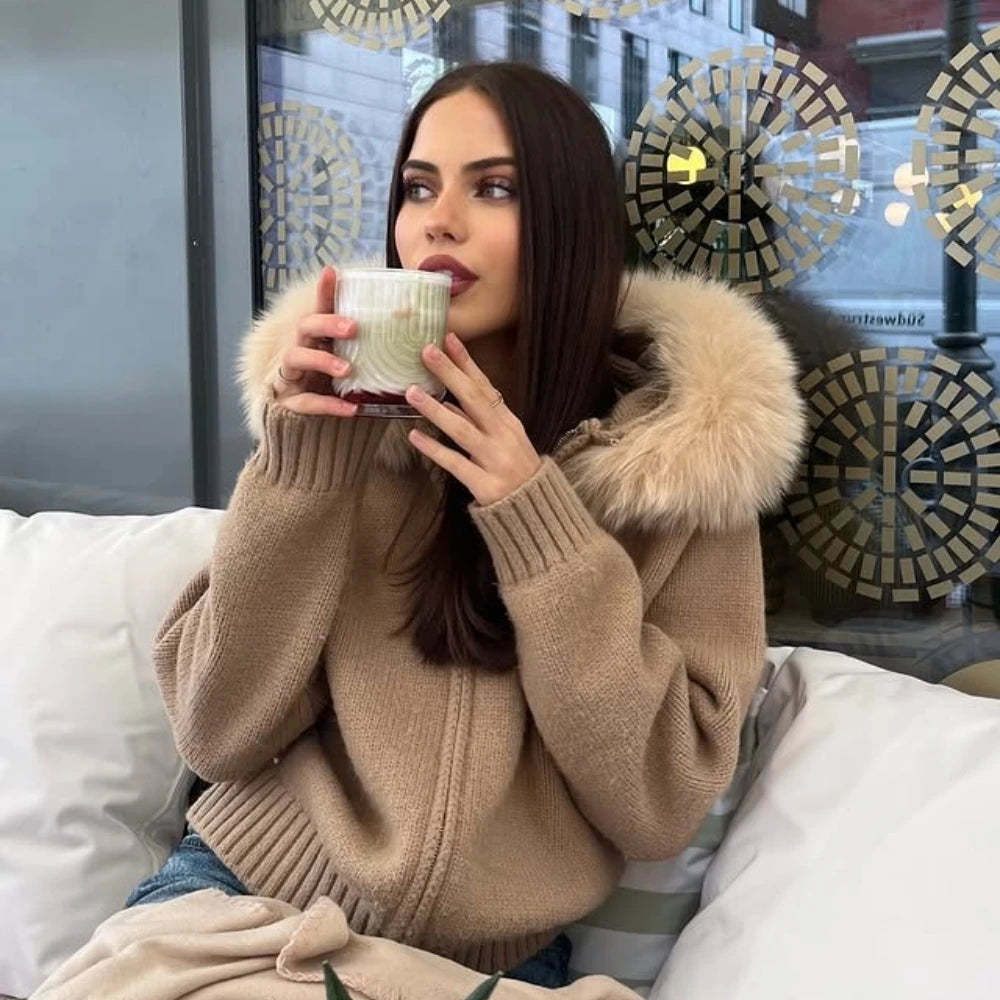 Real Fox Fur Hooded Sweater – Loose Knit Zipper Cardigan