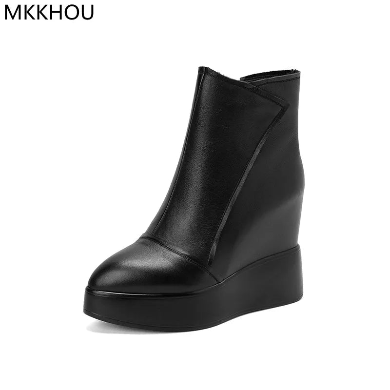 MKKHOU Genuine Leather Pointed Toe Wedge Boots