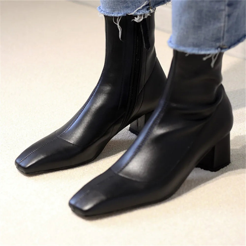 Diane Lockhart Square Toe Elastic Ankle Boots – Chic Thick-Heeled Bare Booties for Women