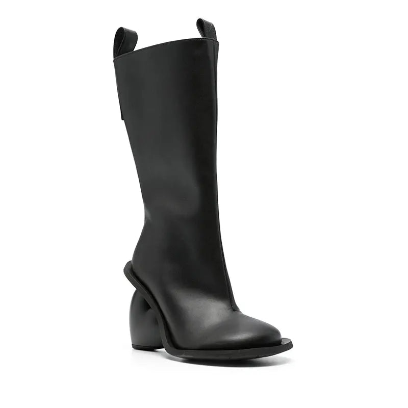 2024 Genuine Leather Mid-Calf Boots for Women – Round Toe High Heels