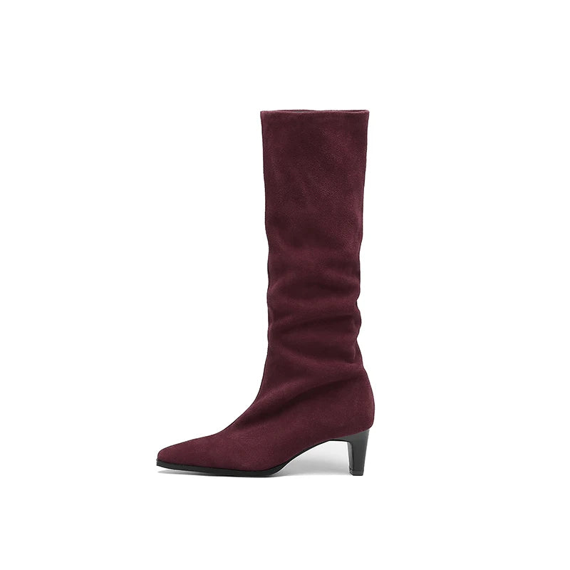 Cow Suede Knee-High Boots – Square Toe Thin High Heels
