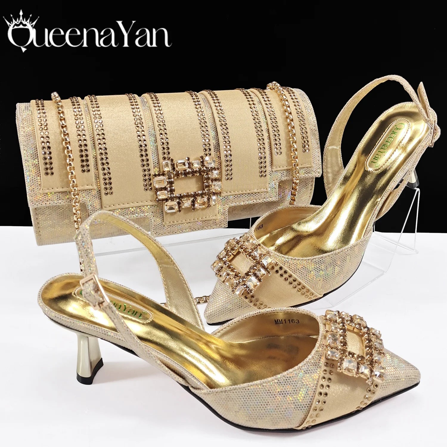 Marrakchi Block Heels & Rhinestone Bag Set – Elegant Party Collection