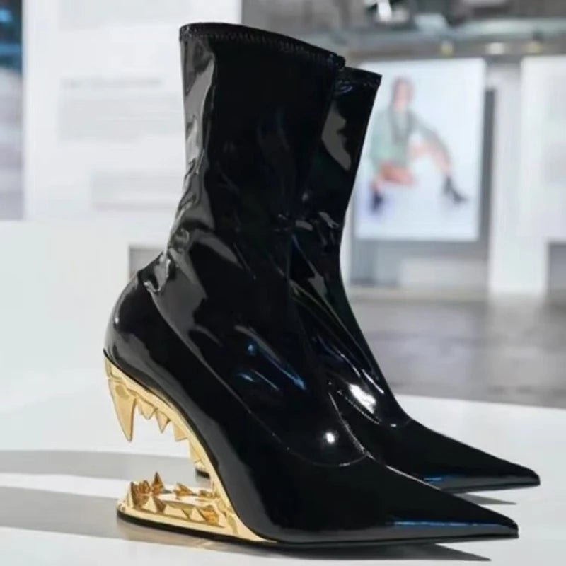 Tiger Teeth Heel Boots – Women’s High Fashion Mid-Calf Stretch Boots