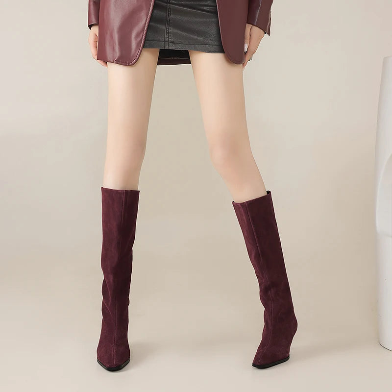 Cow Suede Knee-High Boots – Square Toe Thin High Heels