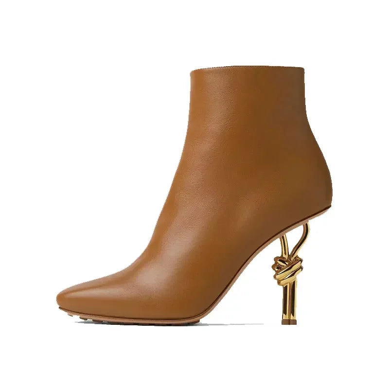 Thermal Square Toe Ankle Boots – Metal Knot Heel Stiletto Boots for Women