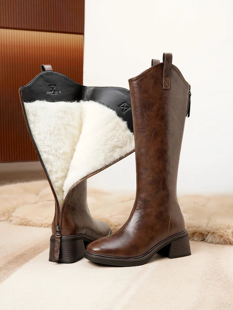 DIMANYU Women’s Mid-Calf Leather Winter Boots – Natural Wool