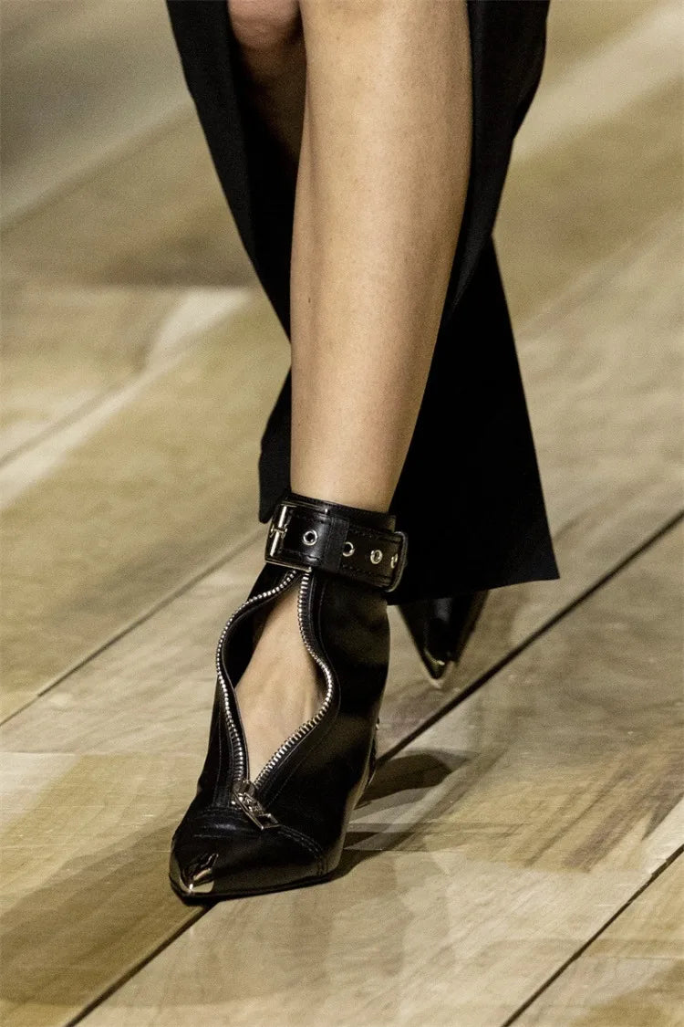 Pointed Ankle Boots – Belt Buckle & Front Zipper,
