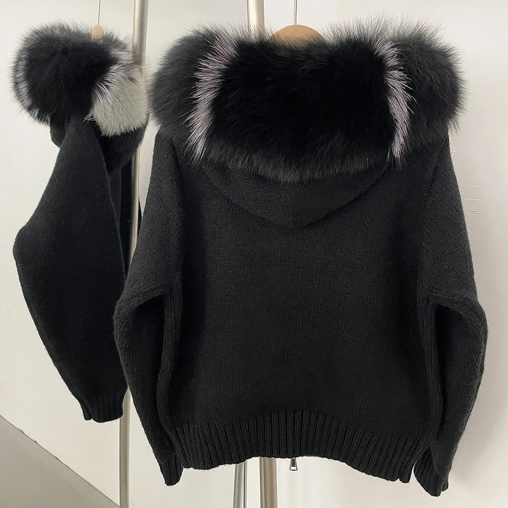 Real Fox Fur Hooded Sweater – Loose Knit Zipper Cardigan