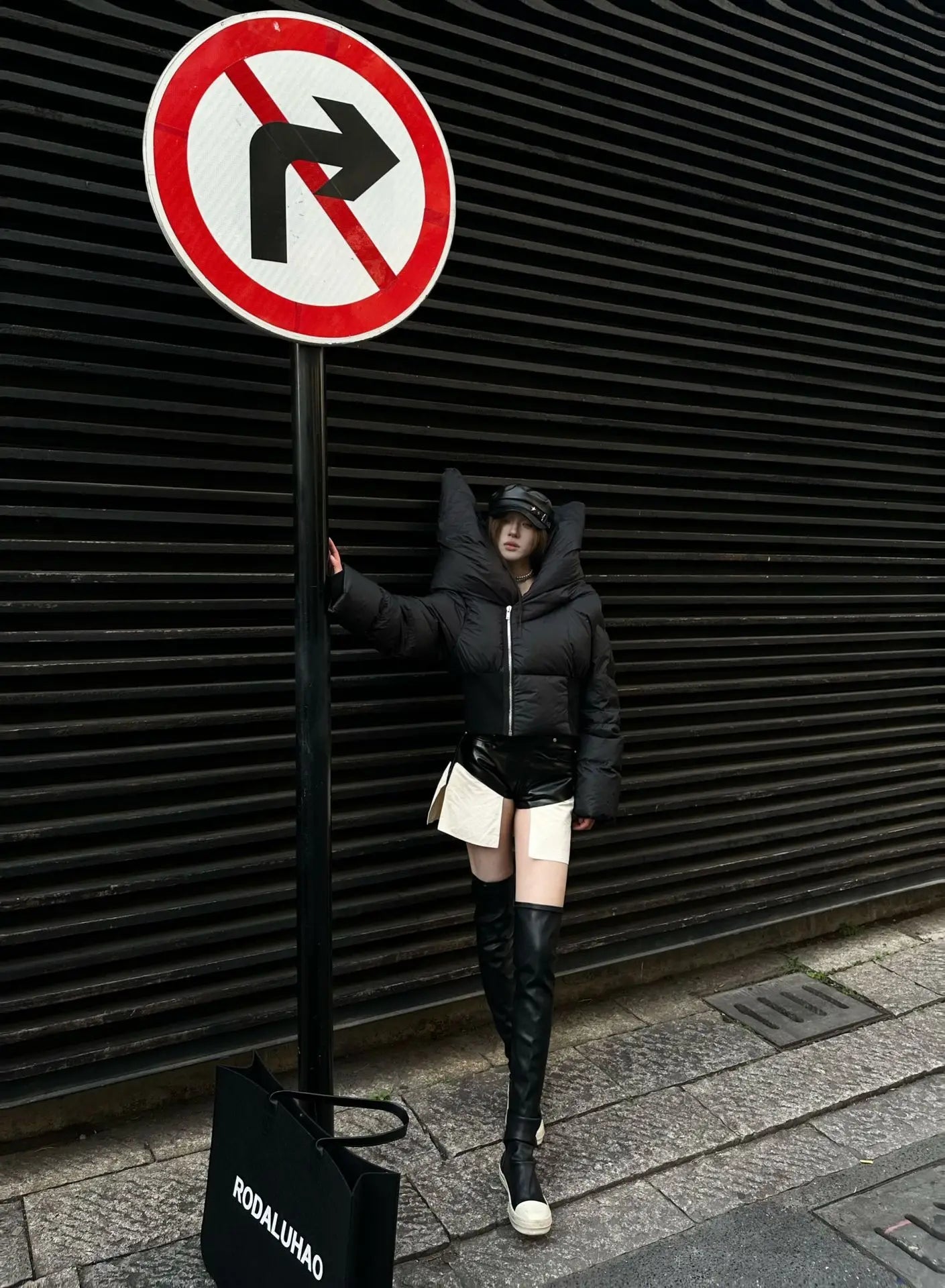 HKSH Asymmetrical Short Down Jacket – Stand Collar Dark Style Winter Coat for Women