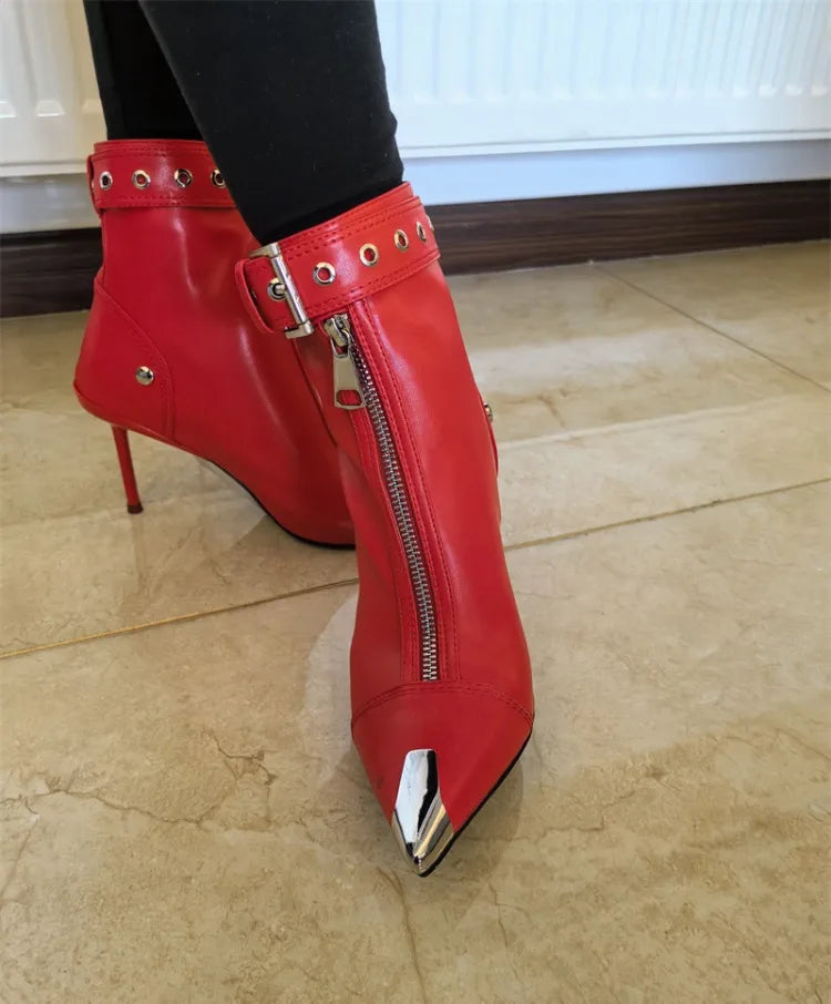 Pointed Ankle Boots – Belt Buckle & Front Zipper,