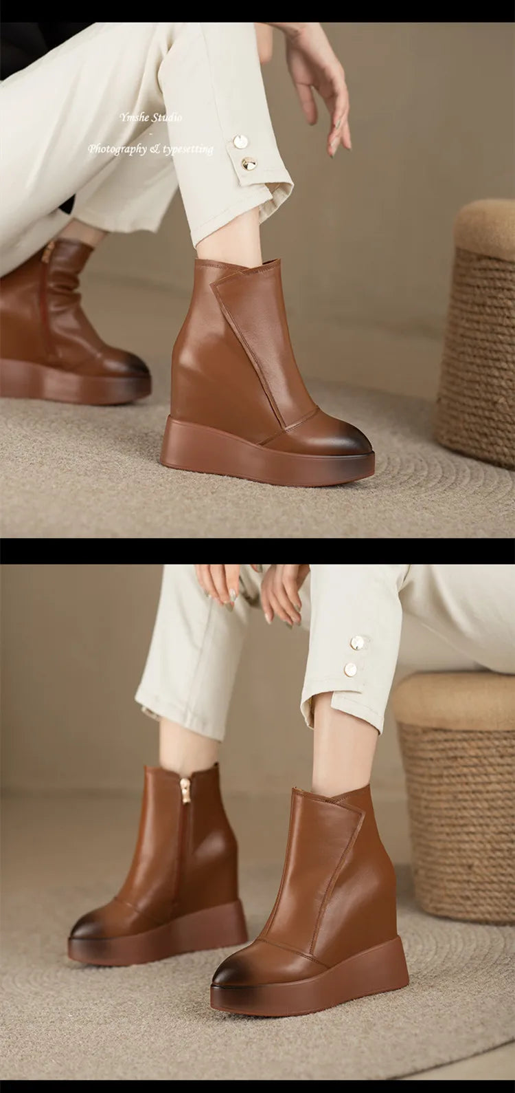 MKKHOU Genuine Leather Pointed Toe Wedge Boots