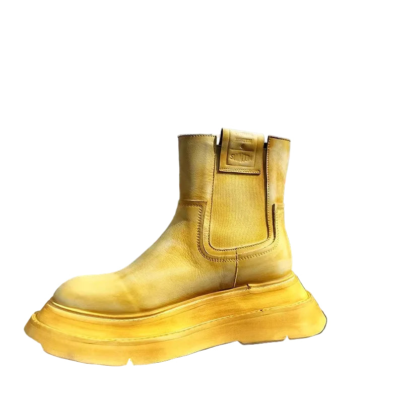 Yellow boots on a ledge with a cityscape background 