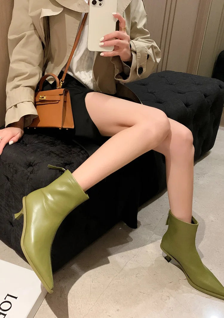 SLSHLYJ Pointed Cowhide Ankle Boots – 5.5cm Slim Heel