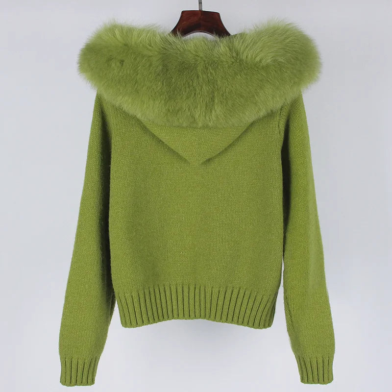 Real Fox Fur Hooded Sweater – Loose Knit Zipper Cardigan