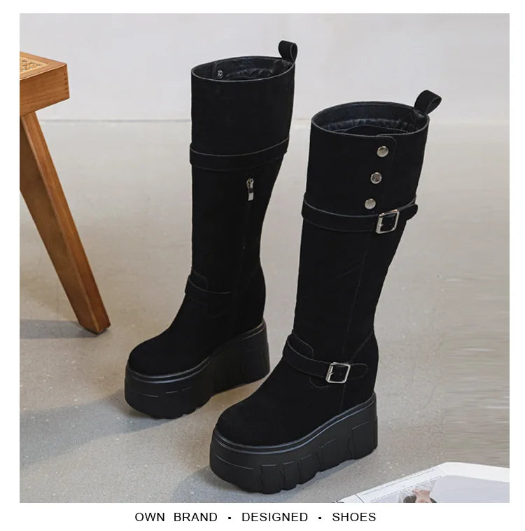 Motorcycle Boots – Microfiber & Synthetic Leather Platform Wedges, Spring/Autumn