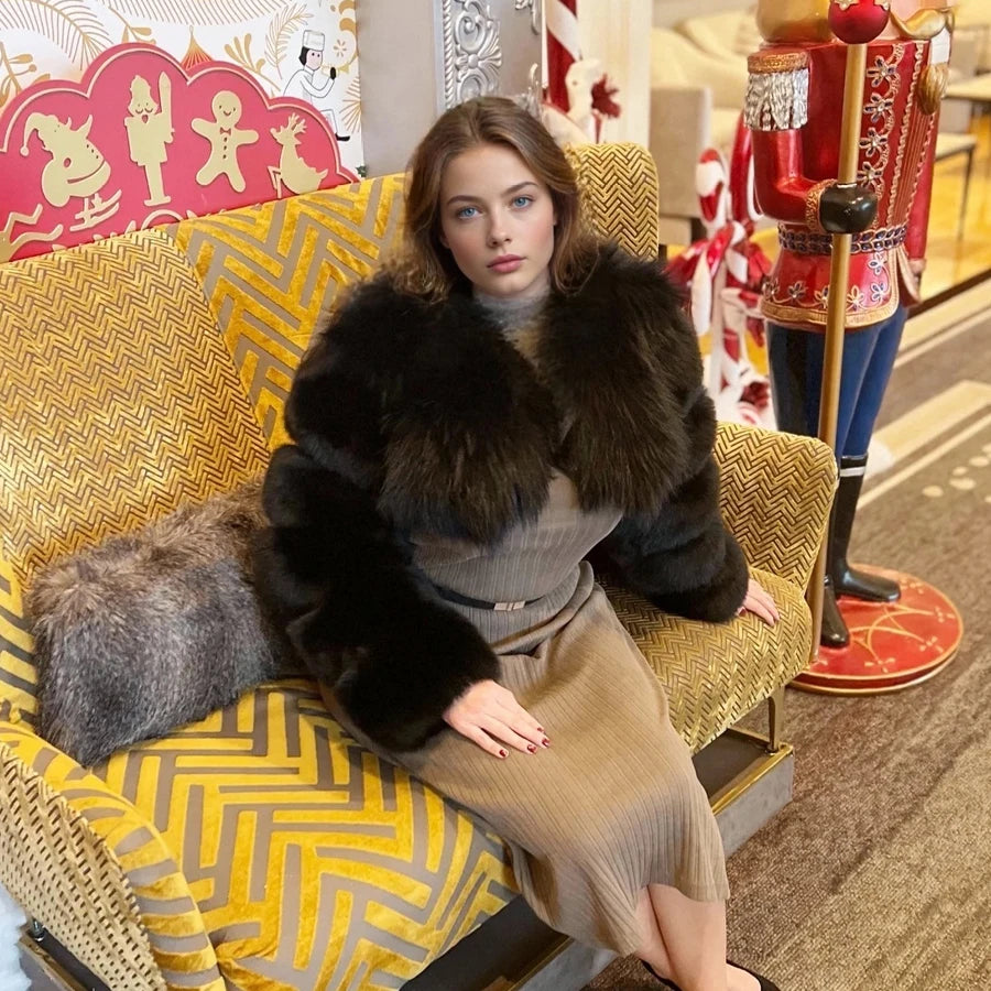 Cropped Real Raccoon Fur Jacket – Short Luxury Bomber Coat for Women