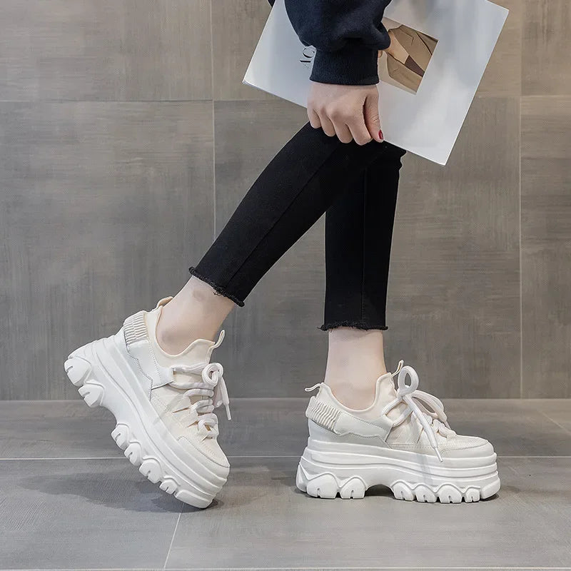 Fujin 9cm Platform Leather Wedge Sneakers – Chunky Breathable Shoes