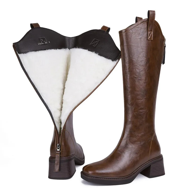 DIMANYU Women’s Mid-Calf Leather Winter Boots – Natural Wool