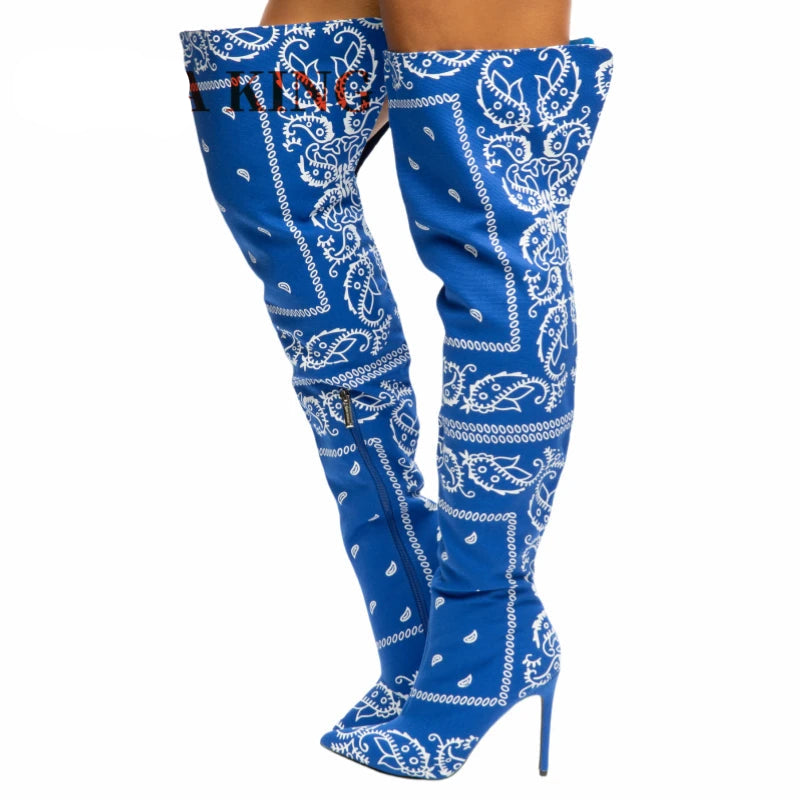 Thigh-High Bandana Print Boots – Sexy Pointed Toe Stiletto Heels