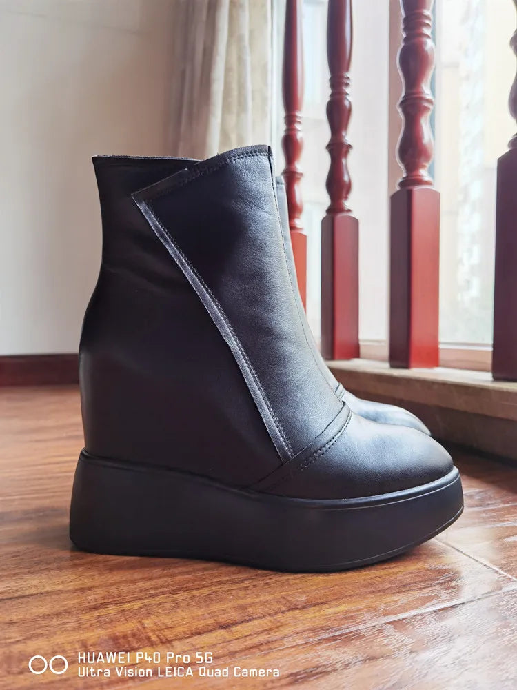 MKKHOU Genuine Leather Pointed Toe Wedge Boots