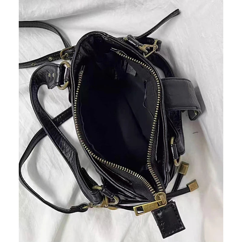 Y2K Motorcycle Handbag – Retro Leopard Print Distressed PU Leather Bag for Women