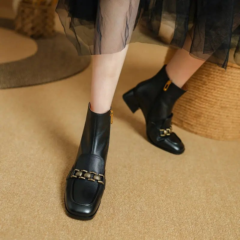 ASUMER Women’s Genuine Leather Ankle Boots – Zipper Square Mid Heels for Autumn & Winter