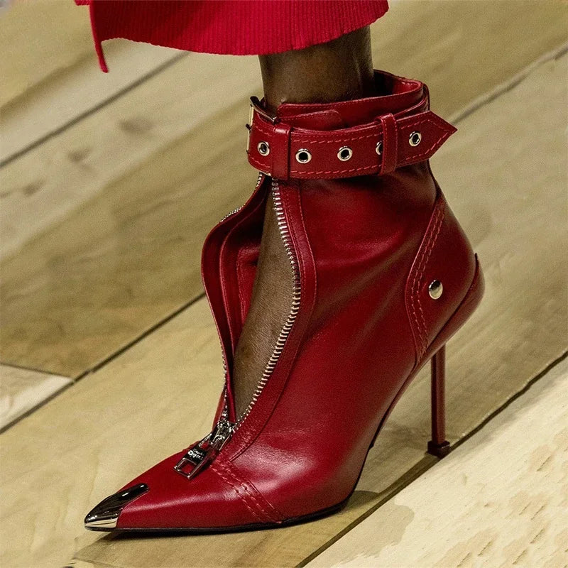 Pointed Ankle Boots – Belt Buckle & Front Zipper,