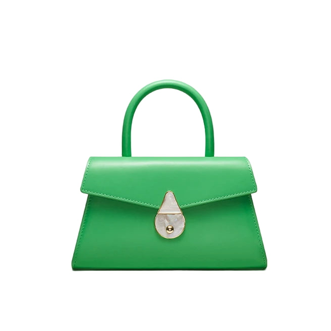 Green handbag with a silver clasp on a light gray background, featuring the brand 'Bafelli'.