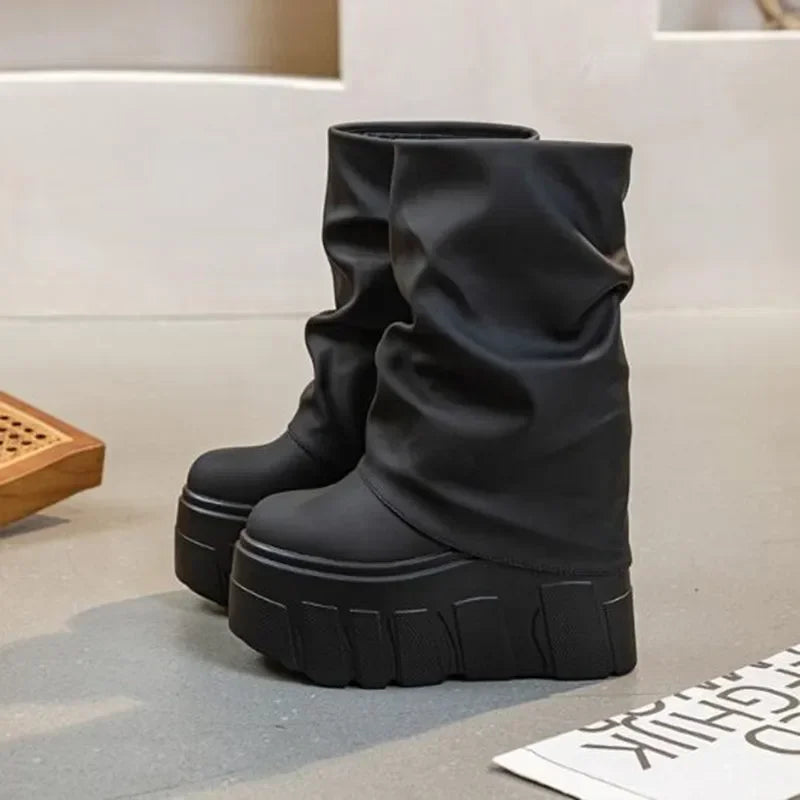 Calf Ankle Booties – PU Leather Motorcycle Boots with Platform, Winter 2025